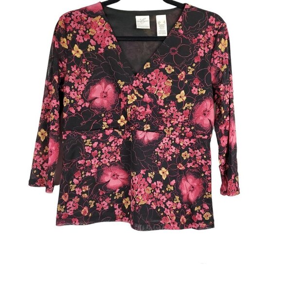 💎303 Emma E James by Liz Claiborne Black Floral Wrap Sheer Sleeve Top - Picture 1 of 8